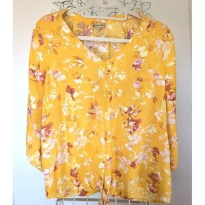 Democracy Yellow Floral Tie Front Blouse Size L Cut Out Flowy Sleeves Beachy